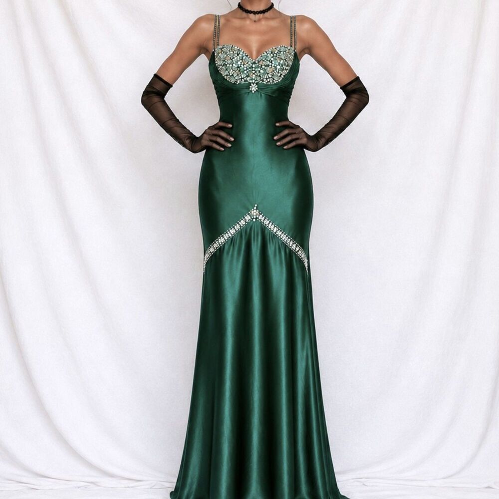 Vintage Y2K Green Satin Beaded Bodycon Maxi Formal Cocktail Prom Dress Size M